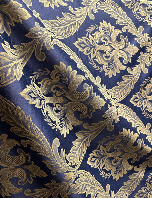 NAVY GOLD Damask Brocade Upholstery Drapery Fabric (110 in.) Sold By The Yard