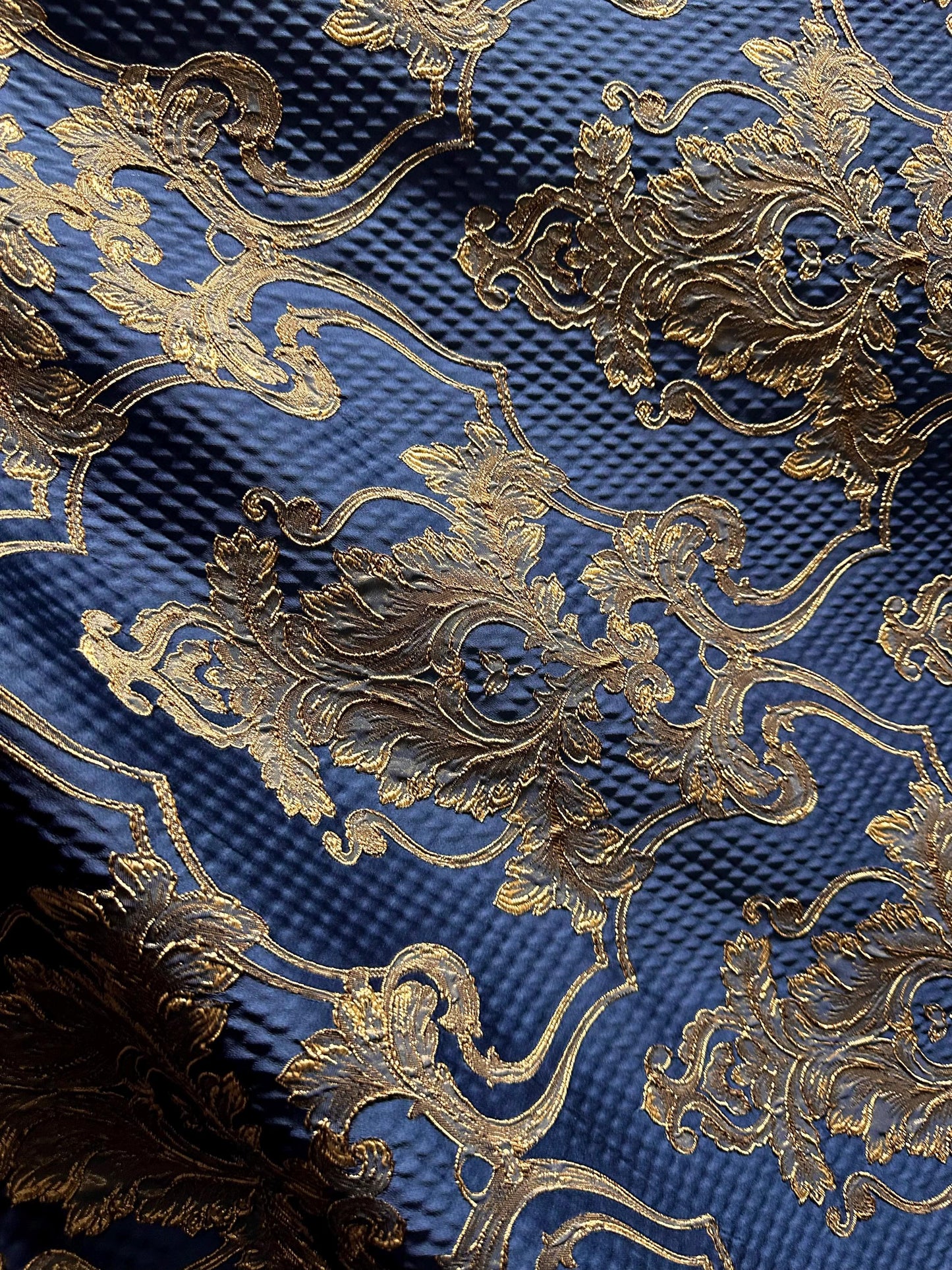 NAVY GOLD Damask Brocade Upholstery Drapery Fabric (56 in.) Sold By The Yard