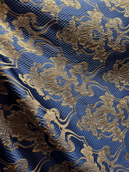 NAVY GOLD Damask Brocade Upholstery Drapery Fabric (56 in.) Sold By The Yard