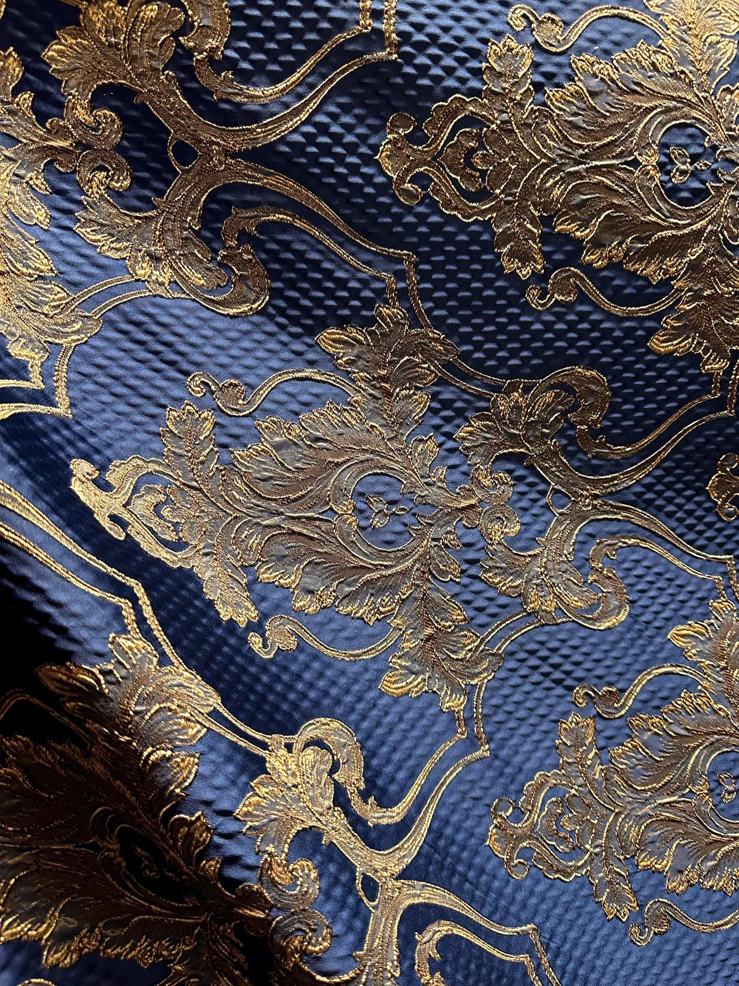 NAVY GOLD Damask Brocade Upholstery Drapery Fabric (56 in.) Sold By The Yard