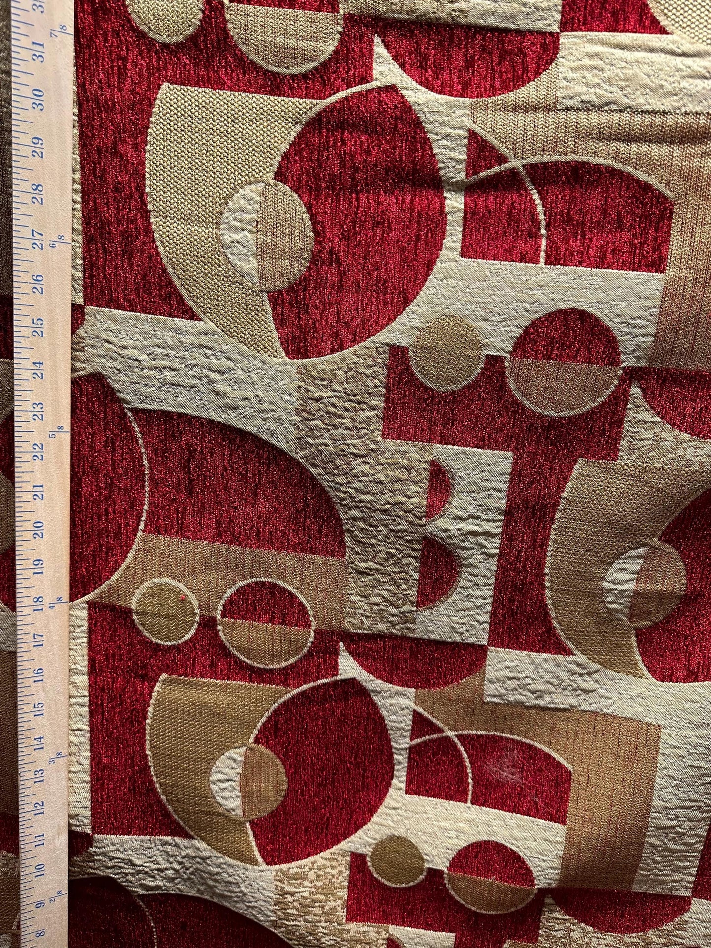 Deep Red Beige Gold Geometric Chenille Upholstery Brocade Fabric (58 in.) Sold By The Yard