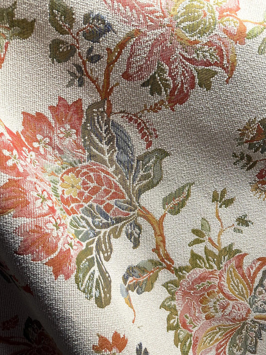 WHITE ORANGE GREEN Floral Chenille Upholstery Fabric (54 in.) Sold By The Yard