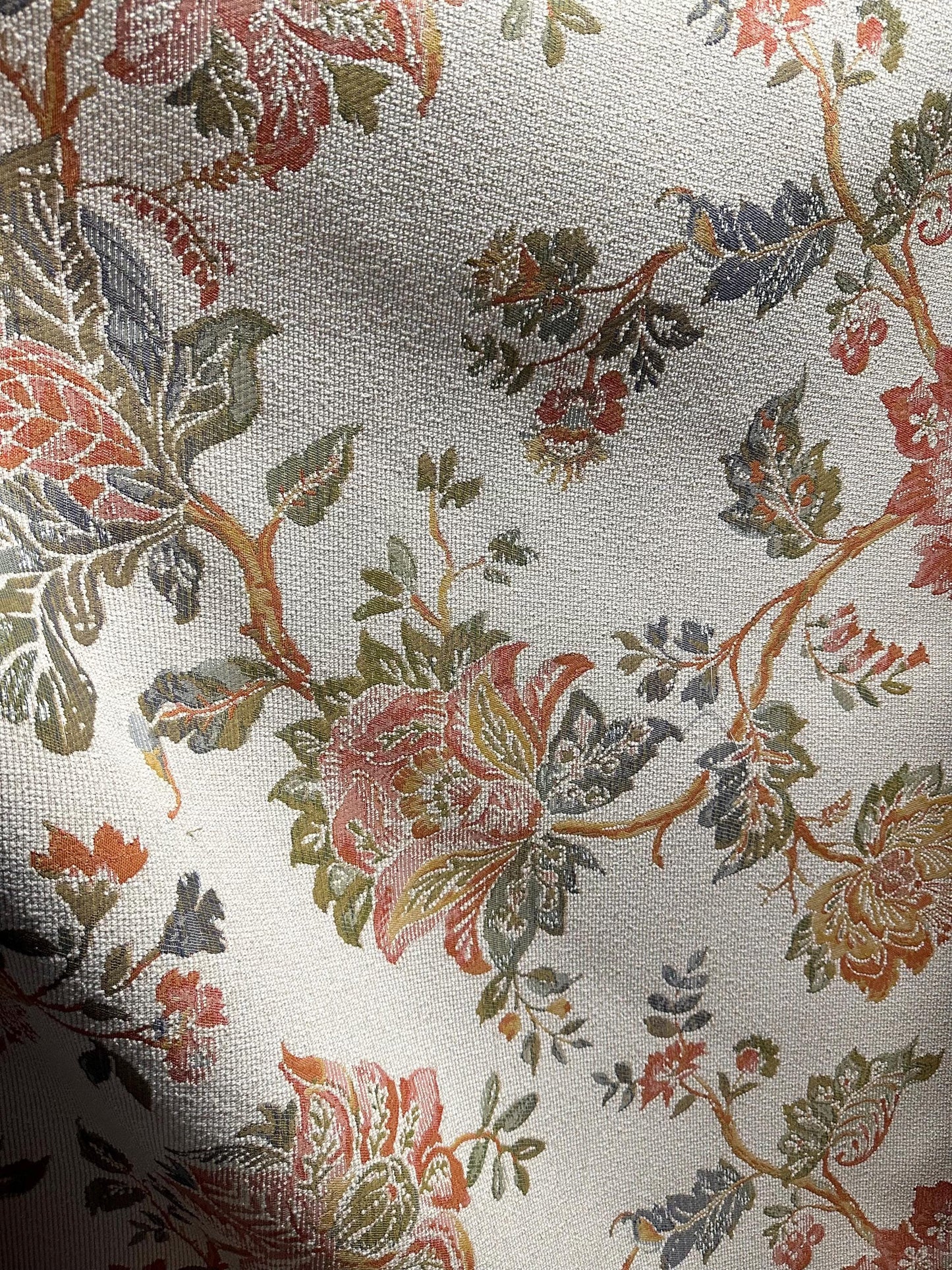 WHITE ORANGE GREEN Floral Chenille Upholstery Fabric (54 in.) Sold By The Yard