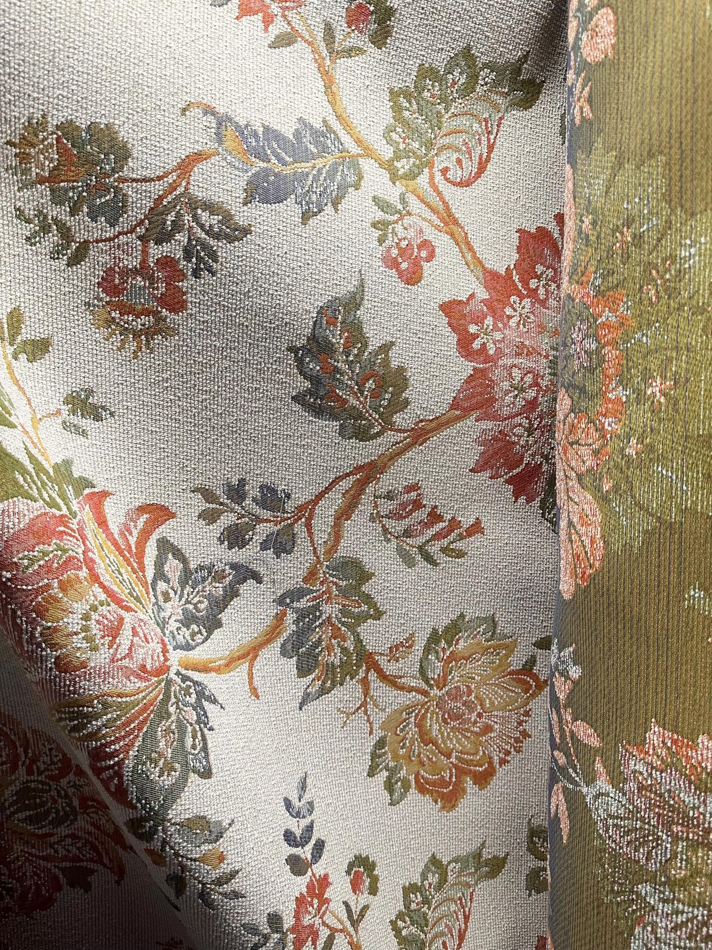 WHITE ORANGE GREEN Floral Chenille Upholstery Fabric (54 in.) Sold By The Yard