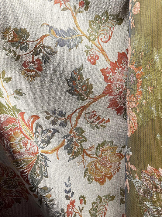 WHITE ORANGE GREEN Floral Chenille Upholstery Fabric (54 in.) Sold By The Yard
