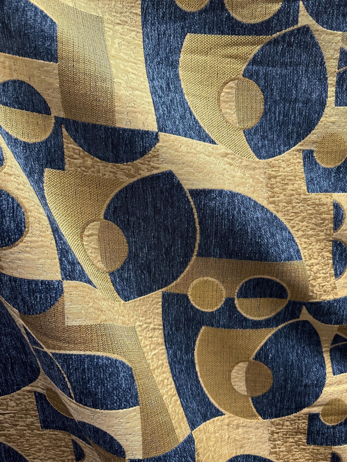BLUE BEIGE GOLD Geometric Chenille Upholstery Brocade Fabric (58 in.) Sold By The Yard