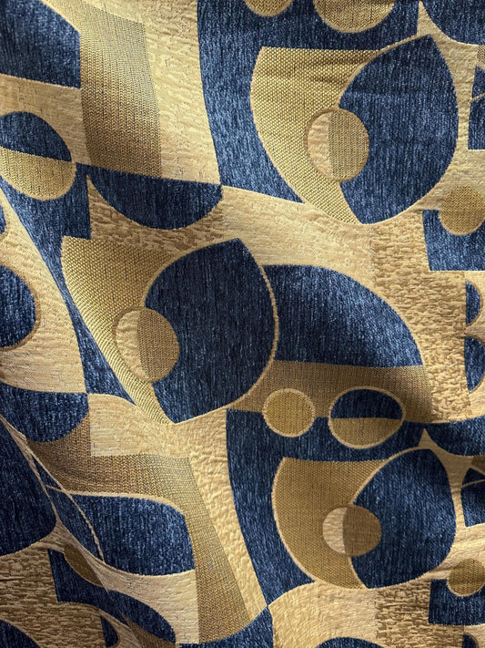 BLUE BEIGE GOLD Geometric Chenille Upholstery Brocade Fabric (58 in.) Sold By The Yard