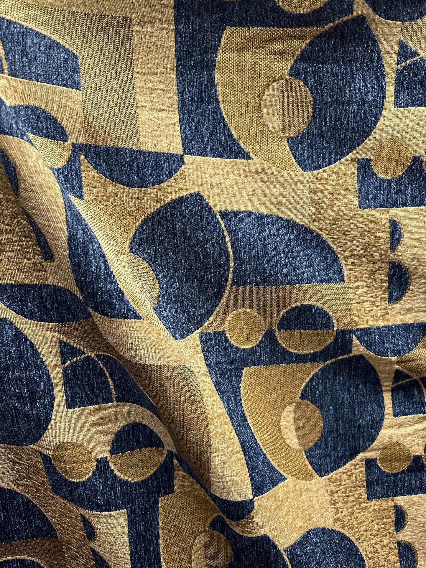 BLUE BEIGE GOLD Geometric Chenille Upholstery Brocade Fabric (58 in.) Sold By The Yard