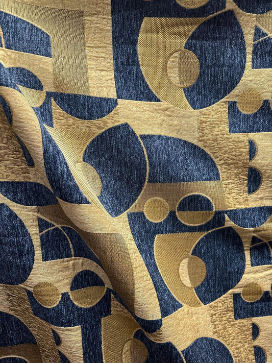 BLUE BEIGE GOLD Geometric Chenille Upholstery Brocade Fabric (58 in.) Sold By The Yard