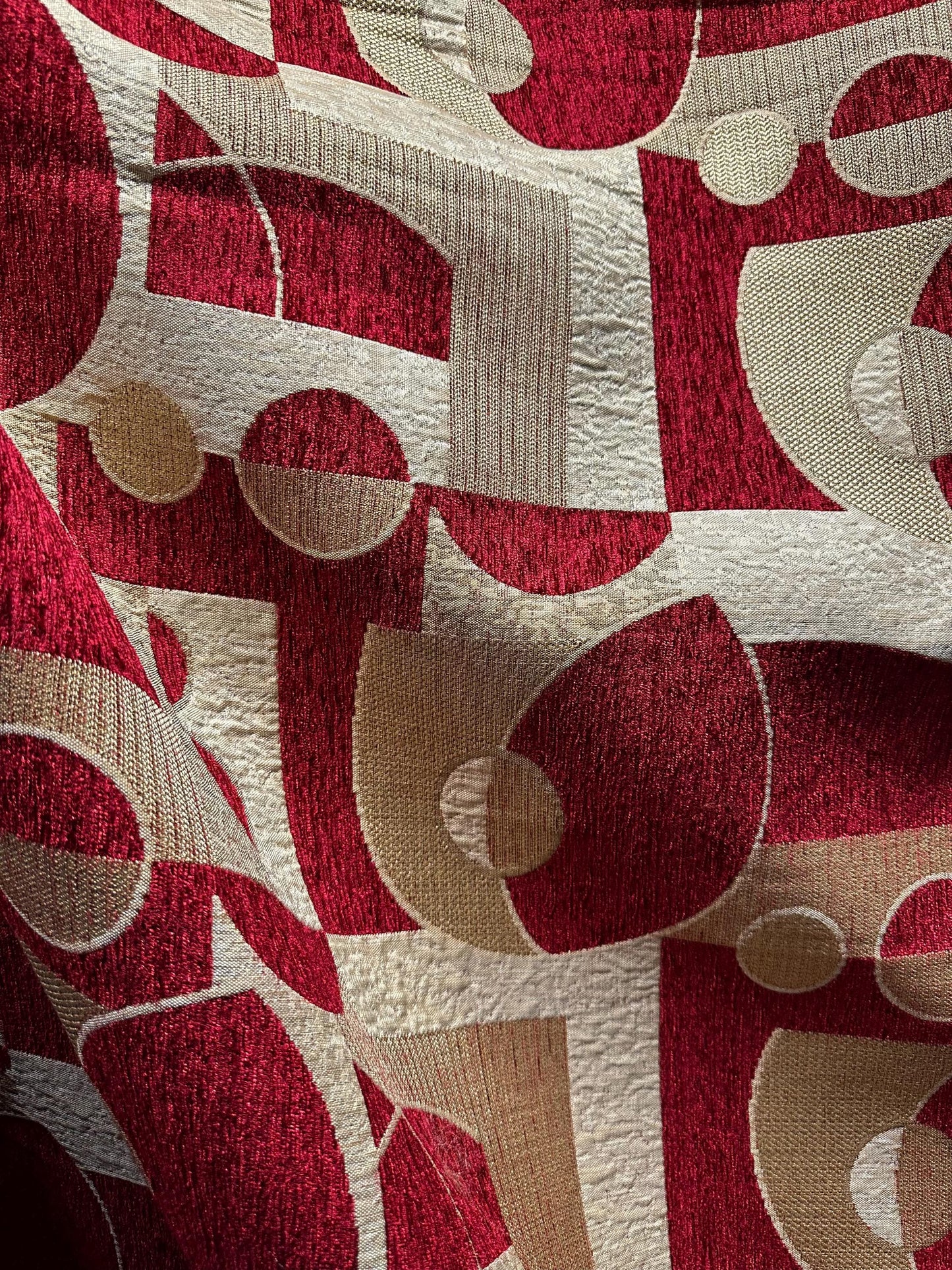 Deep Red Beige Gold Geometric Chenille Upholstery Brocade Fabric (58 in.) Sold By The Yard