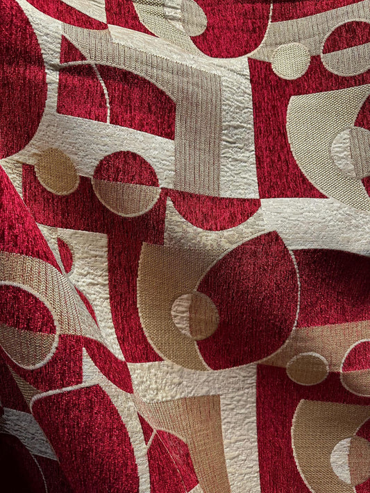 Deep Red Beige Gold Geometric Chenille Upholstery Brocade Fabric (58 in.) Sold By The Yard