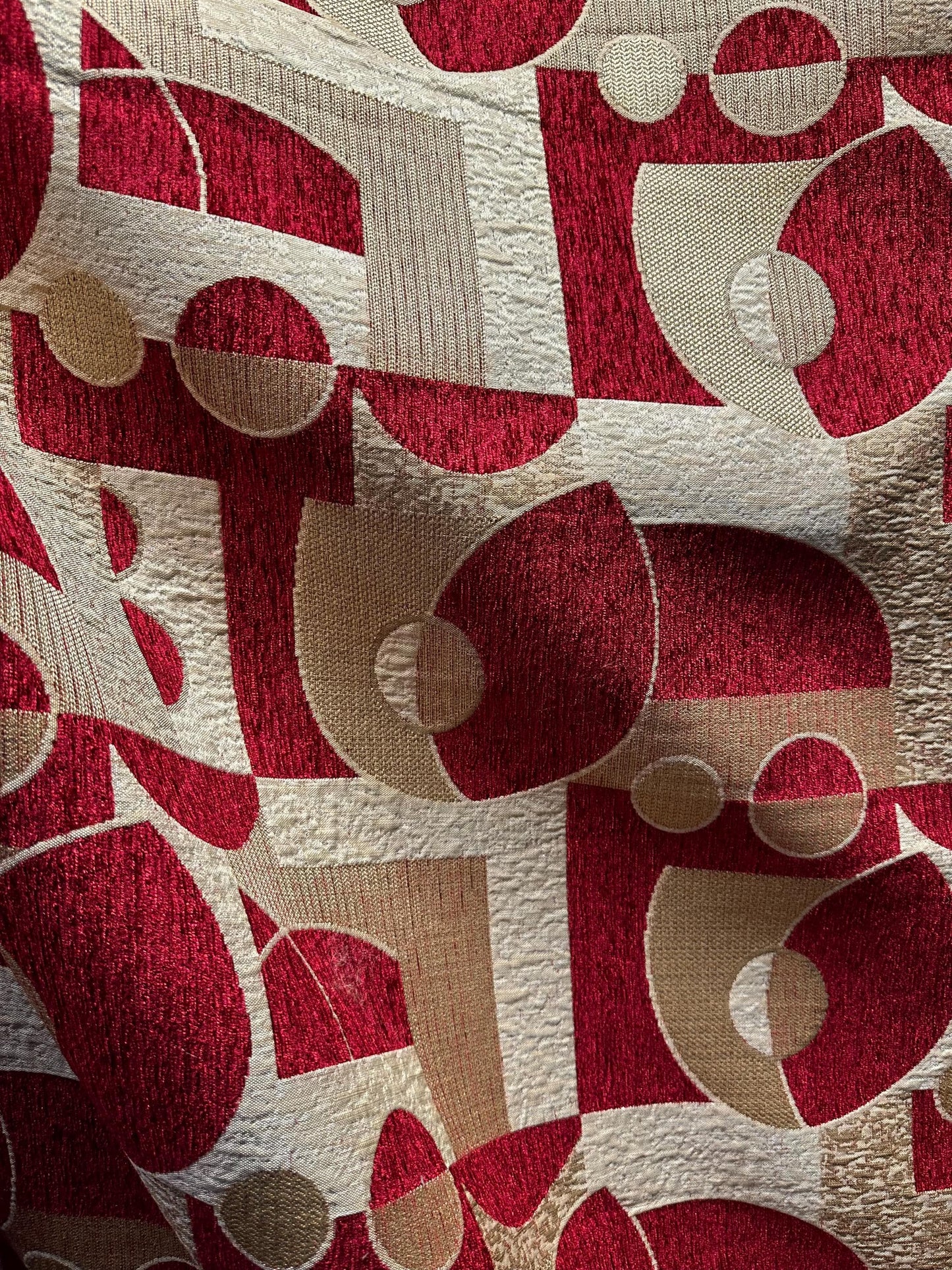 Deep Red Beige Gold Geometric Chenille Upholstery Brocade Fabric (58 in.) Sold By The Yard