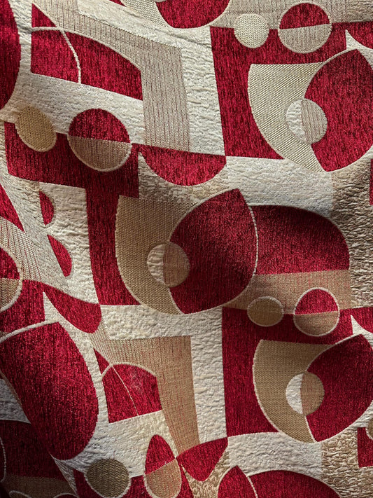 Deep Red Beige Gold Geometric Chenille Upholstery Brocade Fabric (58 in.) Sold By The Yard