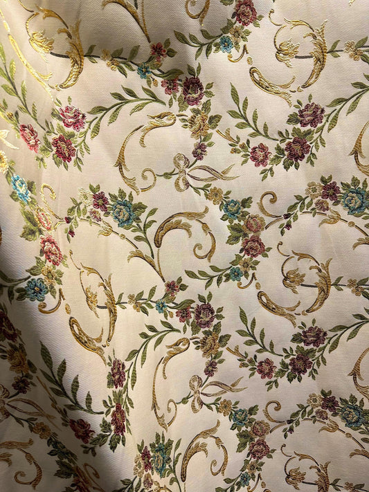 BEIGE GOLD Multicolor Floral Upholstery Drapery Brocade Fabric (54 in.) Sold By The Yard