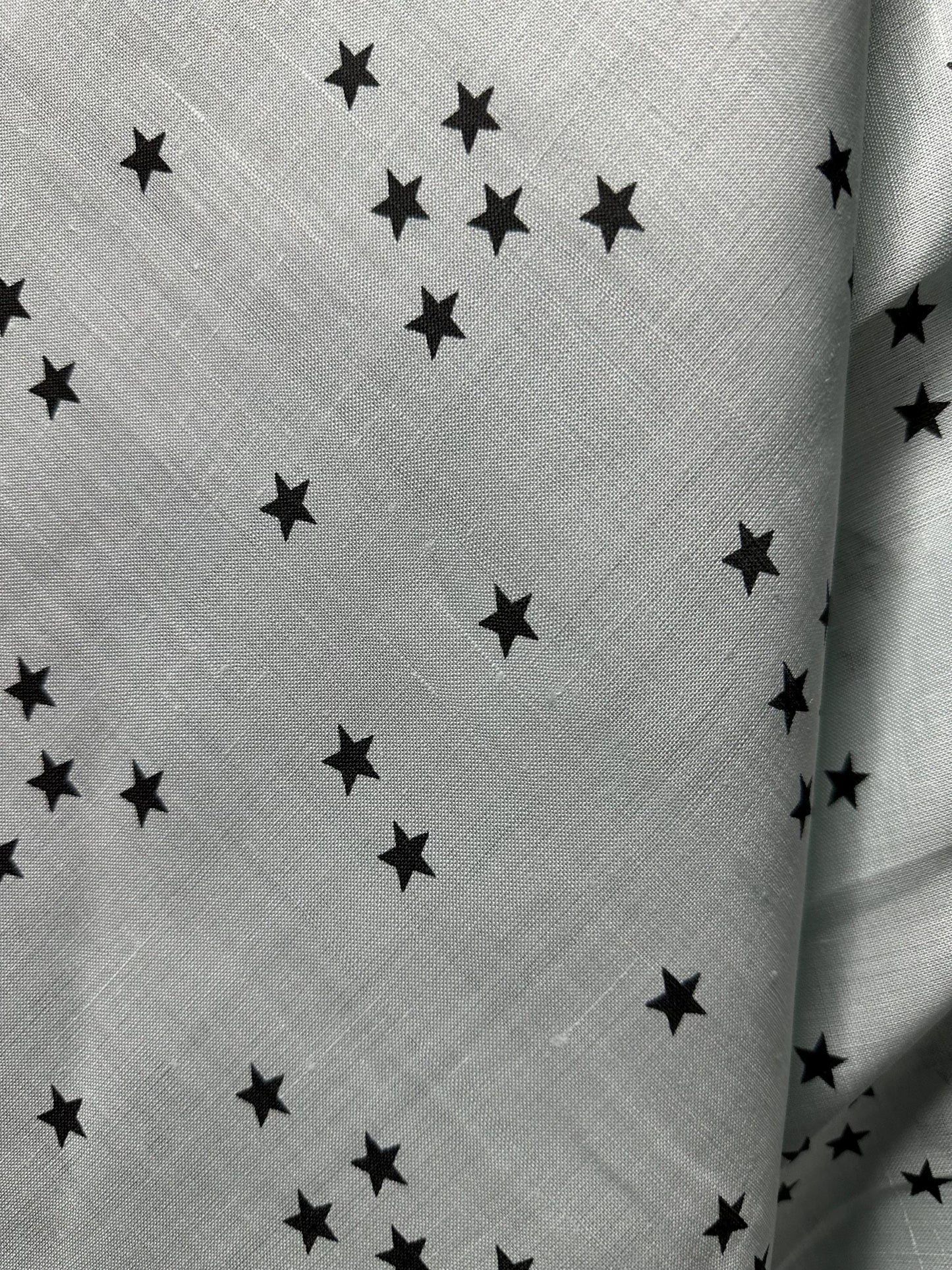 Light Mint Gray Black Stars Printed 100% Linen Fabric (56 in.) Sold By The Yard