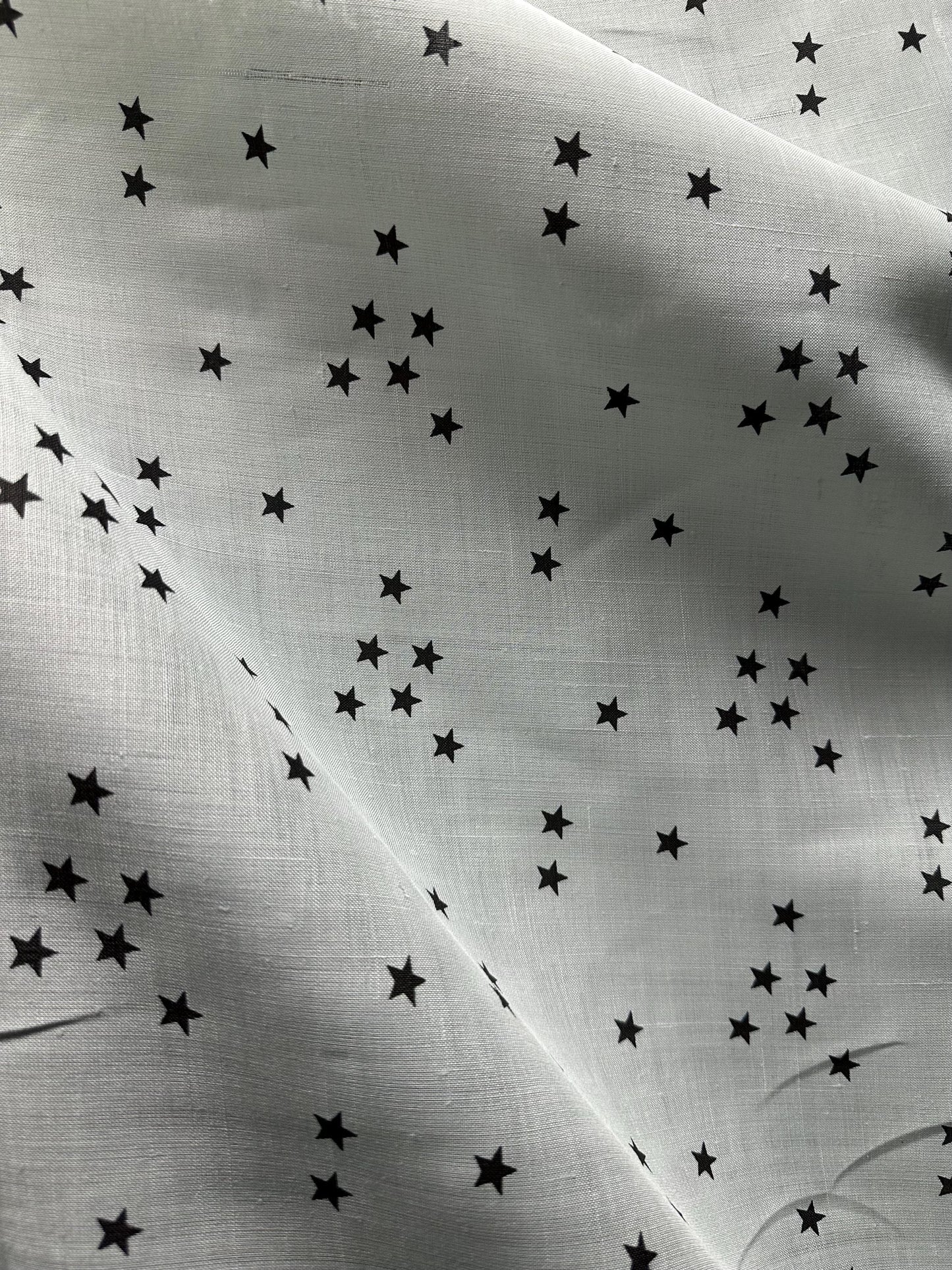 Light Mint Gray Black Stars Printed 100% Linen Fabric (56 in.) Sold By The Yard