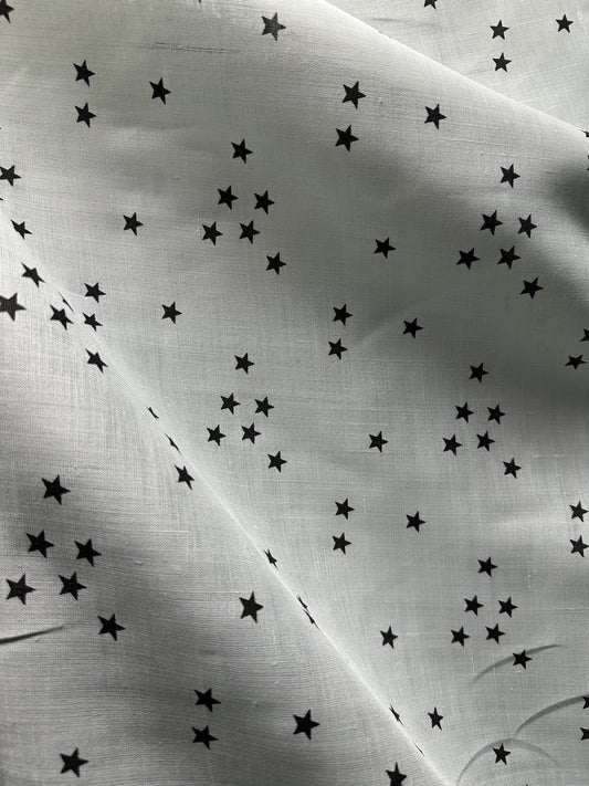 Light Mint Gray Black Stars Printed 100% Linen Fabric (56 in.) Sold By The Yard