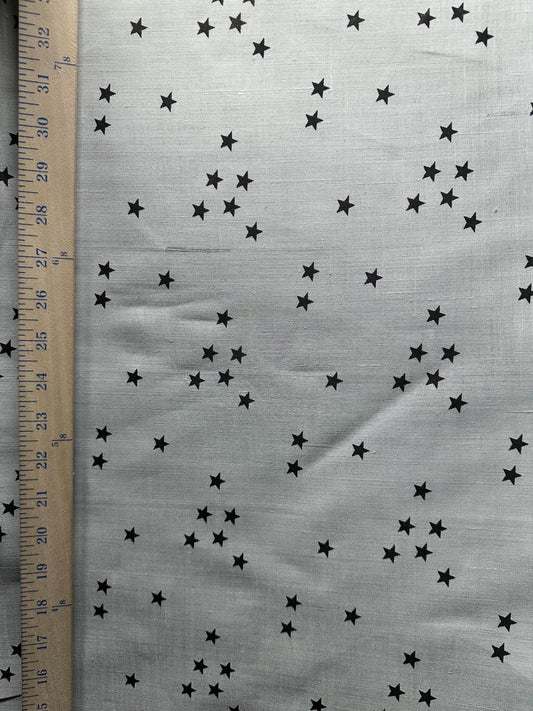 Light Mint Gray Black Stars Printed 100% Linen Fabric (56 in.) Sold By The Yard