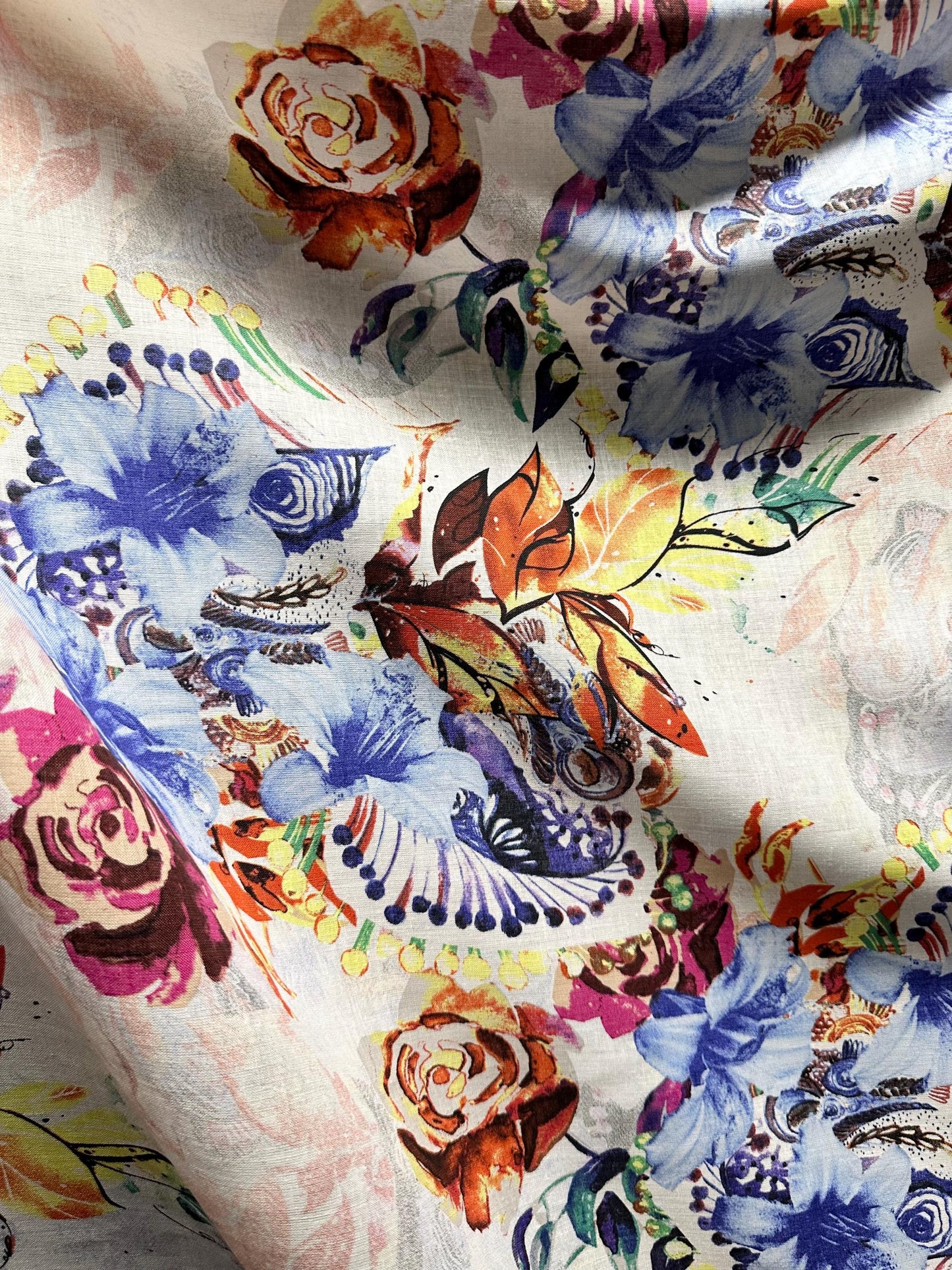 WHITE MULTICOLOR Floral Printed 100% Linen Fabric (56 in.) Sold By The Yard