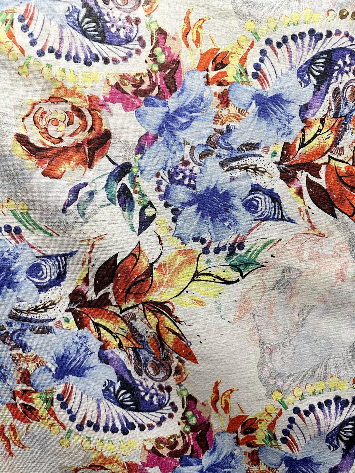 WHITE MULTICOLOR Floral Printed 100% Linen Fabric (56 in.) Sold By The Yard
