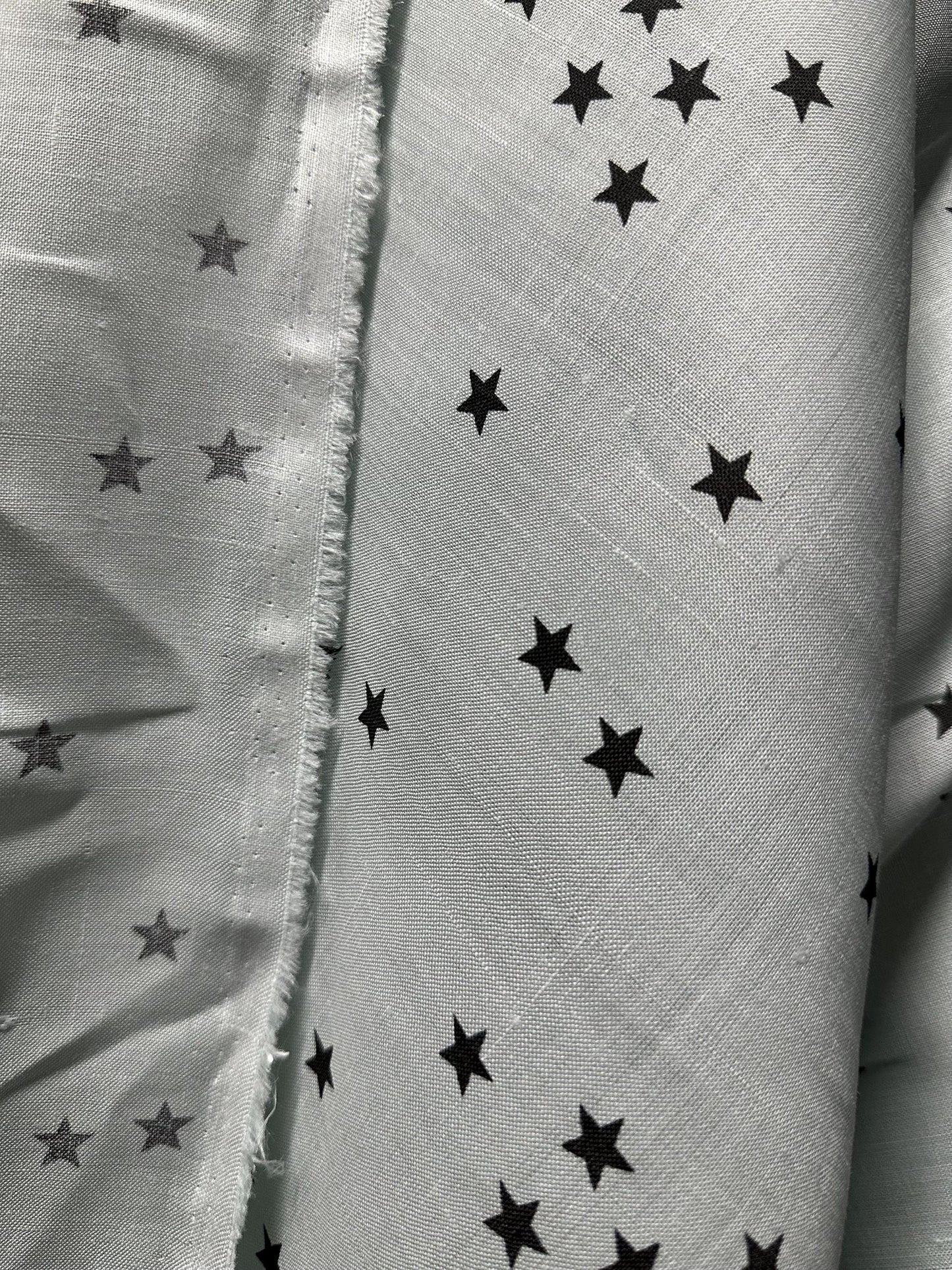 Light Mint Gray Black Stars Printed 100% Linen Fabric (56 in.) Sold By The Yard