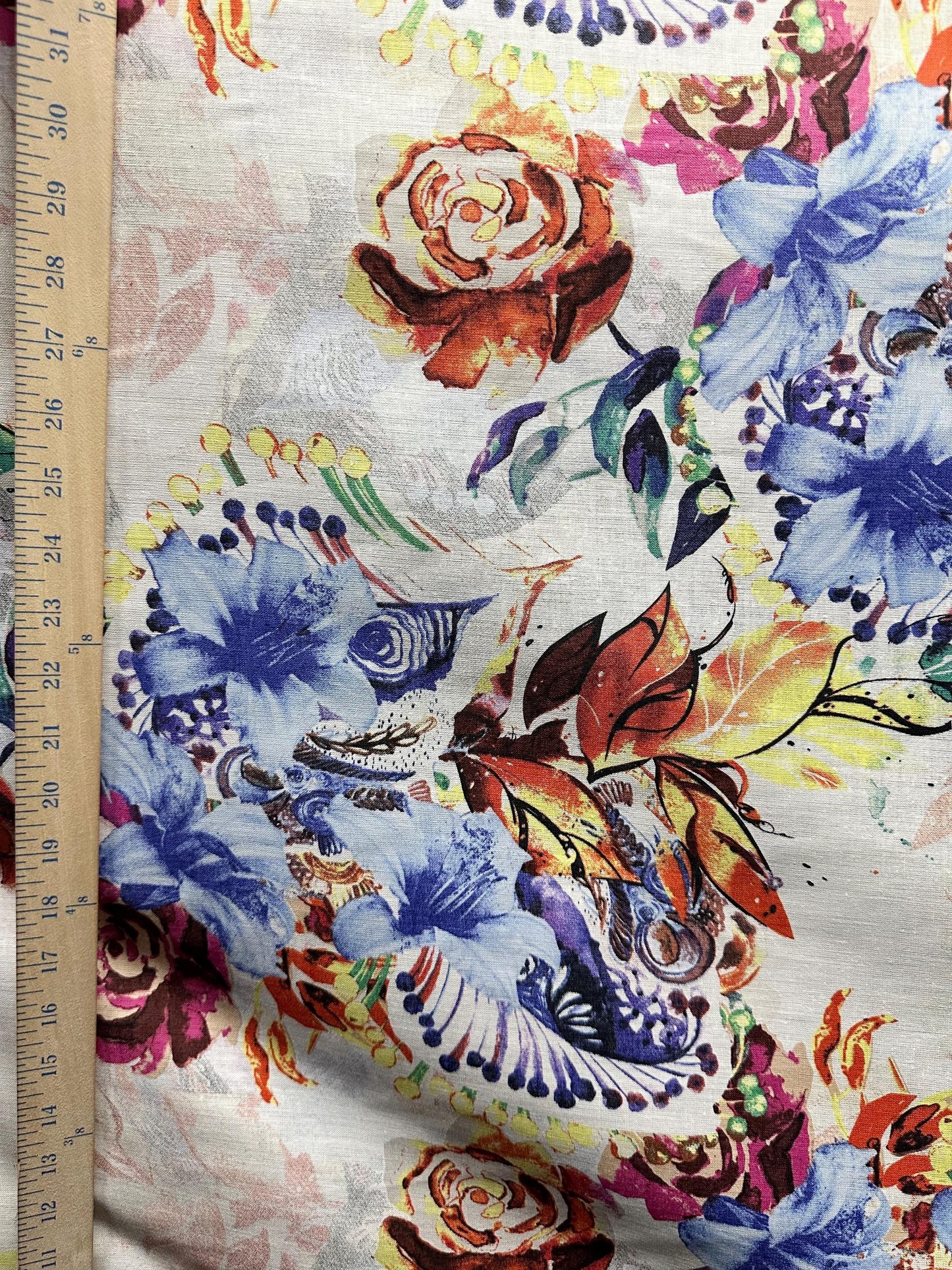 WHITE MULTICOLOR Floral Printed 100% Linen Fabric (56 in.) Sold By The Yard