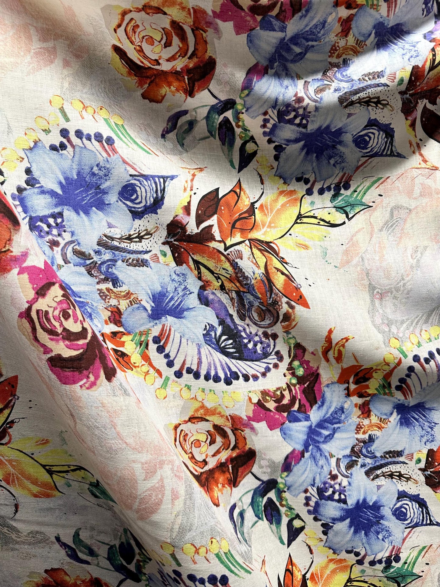 WHITE MULTICOLOR Floral Printed 100% Linen Fabric (56 in.) Sold By The Yard