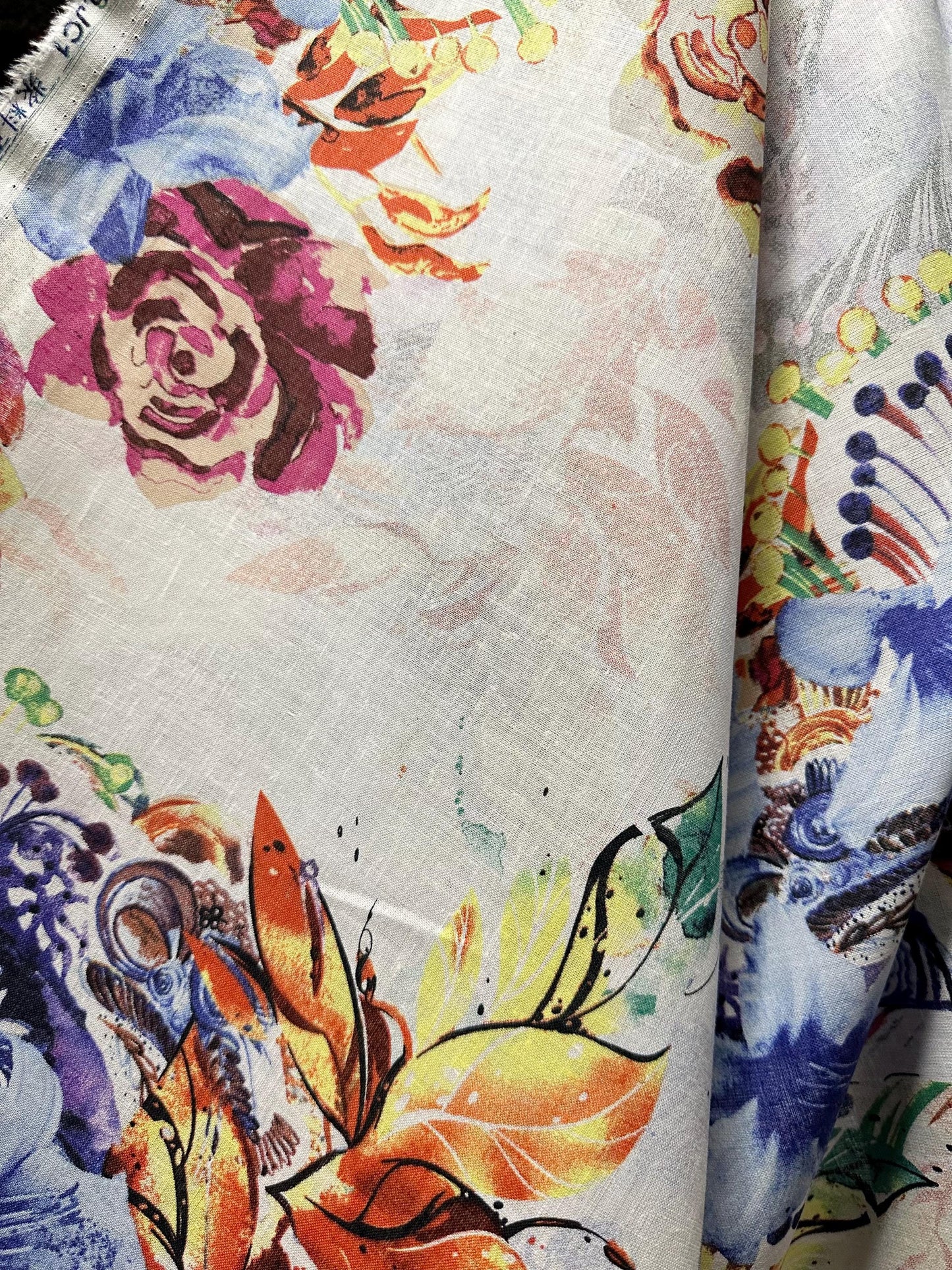 WHITE MULTICOLOR Floral Printed 100% Linen Fabric (56 in.) Sold By The Yard