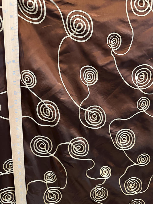 Brown Beige Swirl Embroidery Taffeta Fabric (60 in.) Sold By The Yard