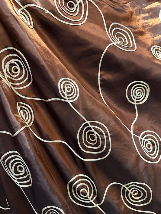 Brown Beige Swirl Embroidery Taffeta Fabric (60 in.) Sold By The Yard