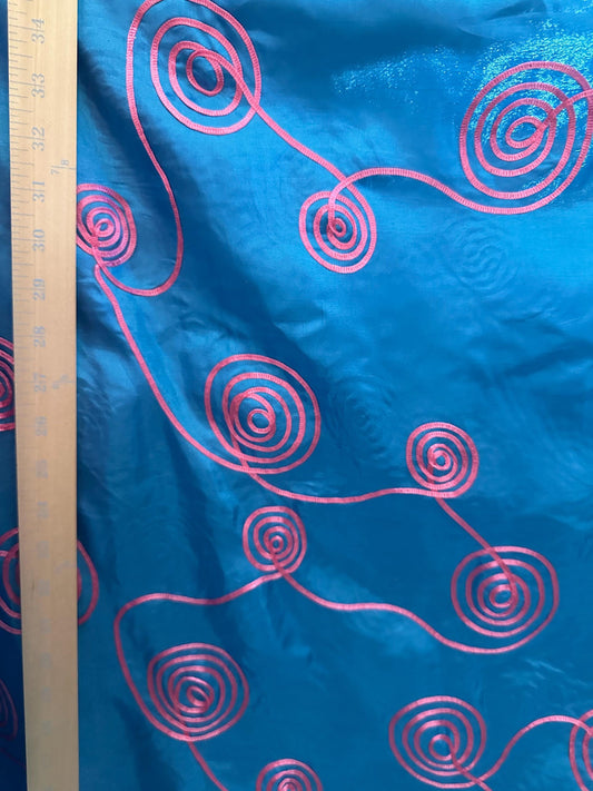 Turquoise Blue Pink Swirl Embroidery Taffeta Fabric (60 in.) Sold By The Yard