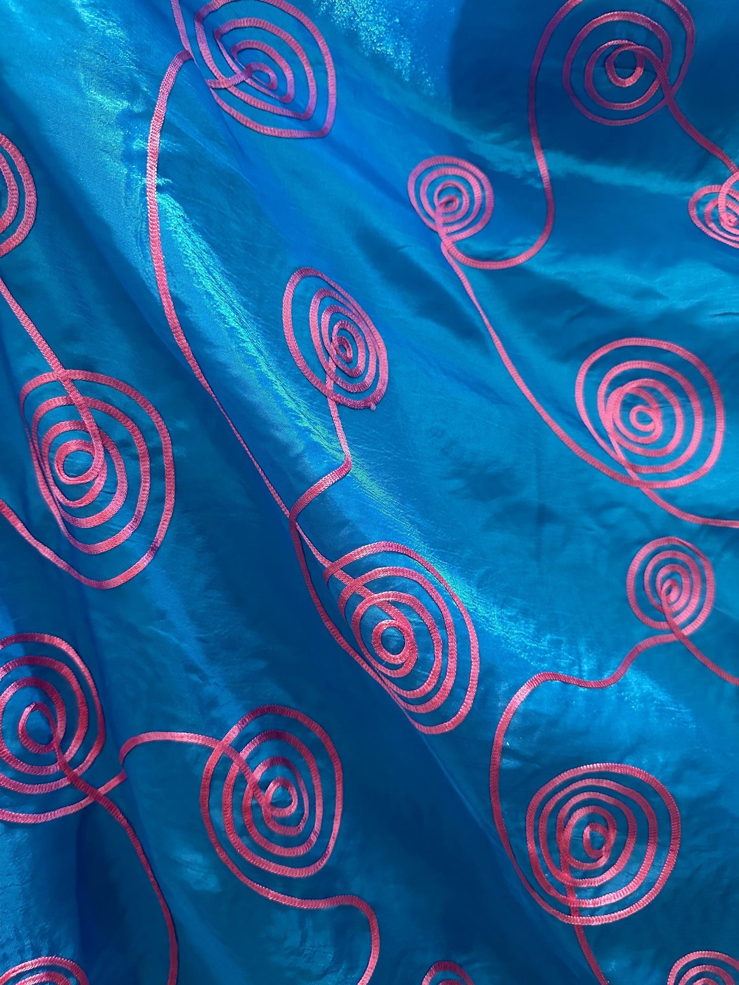 Turquoise Blue Pink Swirl Embroidery Taffeta Fabric (60 in.) Sold By The Yard