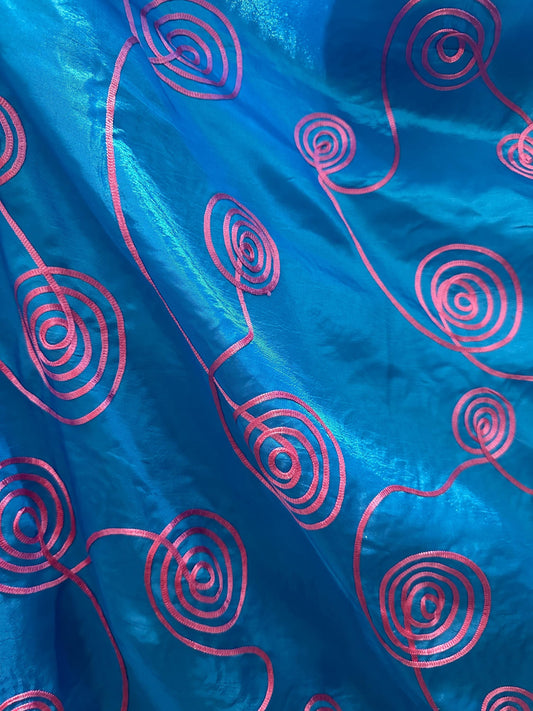 Turquoise Blue Pink Swirl Embroidery Taffeta Fabric (60 in.) Sold By The Yard