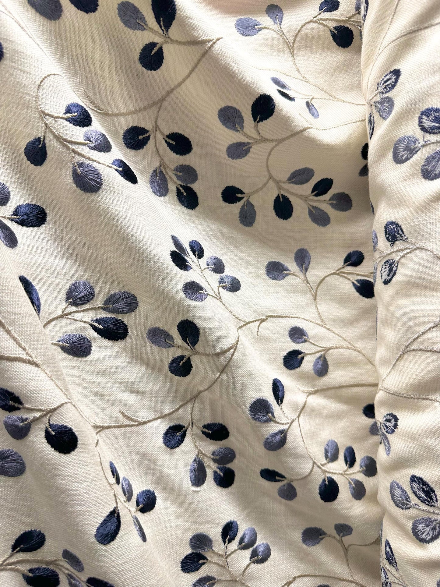 IVORY NAVY BLUE Embroidered Floral Linen Blend Upholstery Drapery Fabric (55 in.) Sold By The Yard