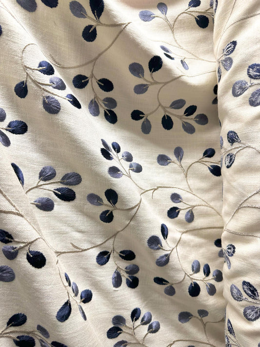 IVORY NAVY BLUE Embroidered Floral Linen Blend Upholstery Drapery Fabric (55 in.) Sold By The Yard