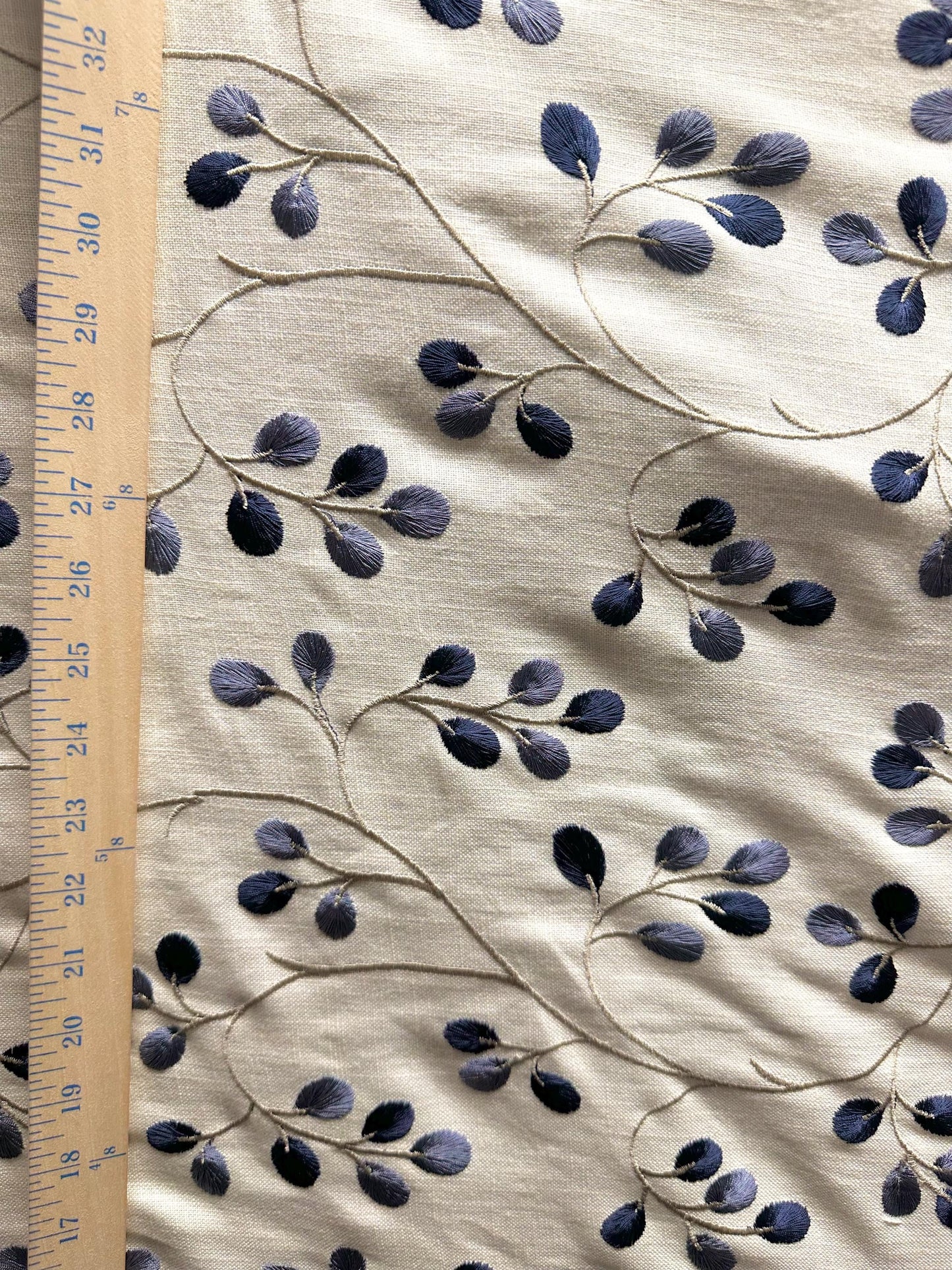 IVORY NAVY BLUE Embroidered Floral Linen Blend Upholstery Drapery Fabric (55 in.) Sold By The Yard