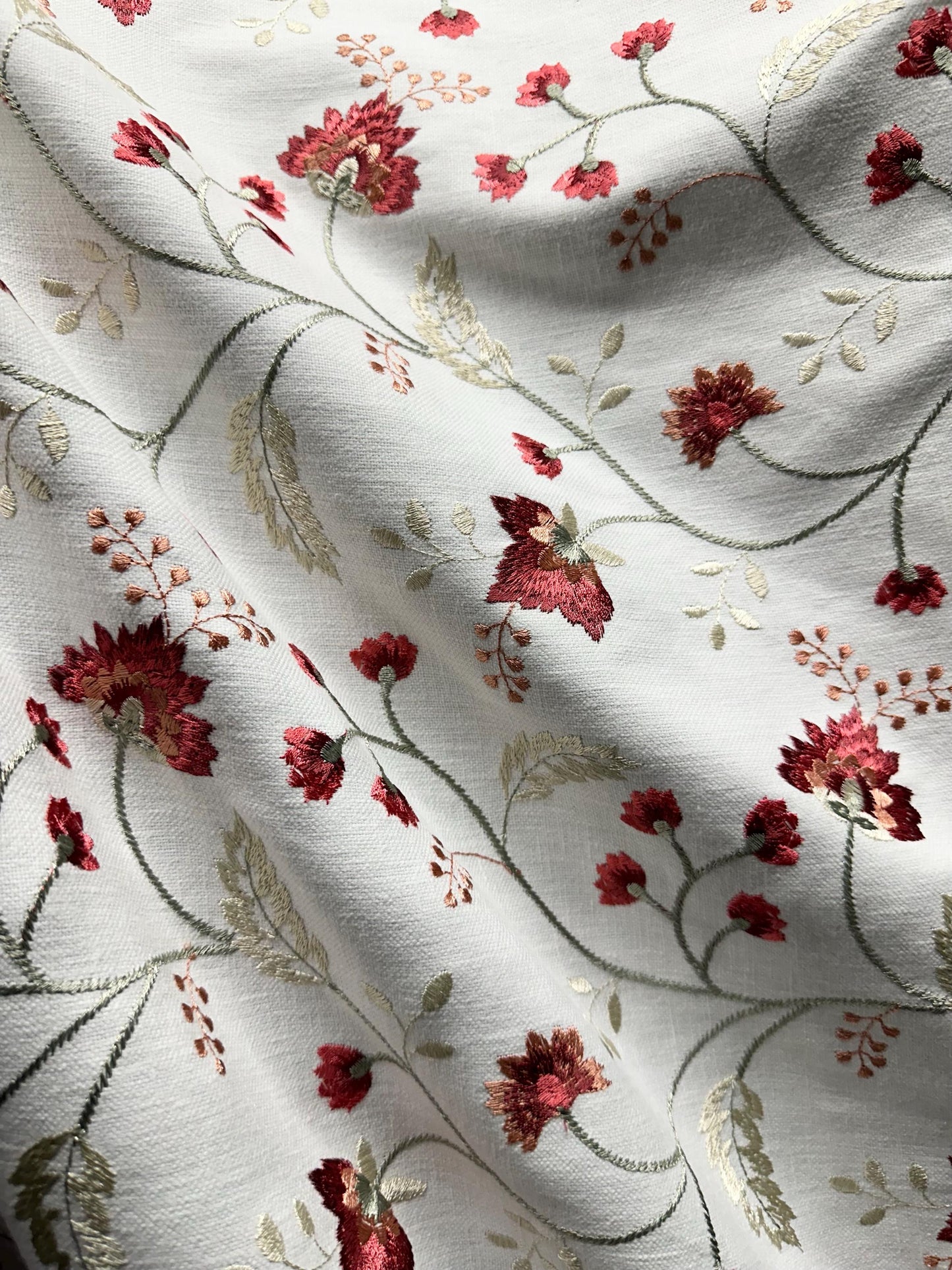 WHITE RED SAGE Floral Embroidered Upholstery Drapery Fabric (52 in.) Sold By The Yard