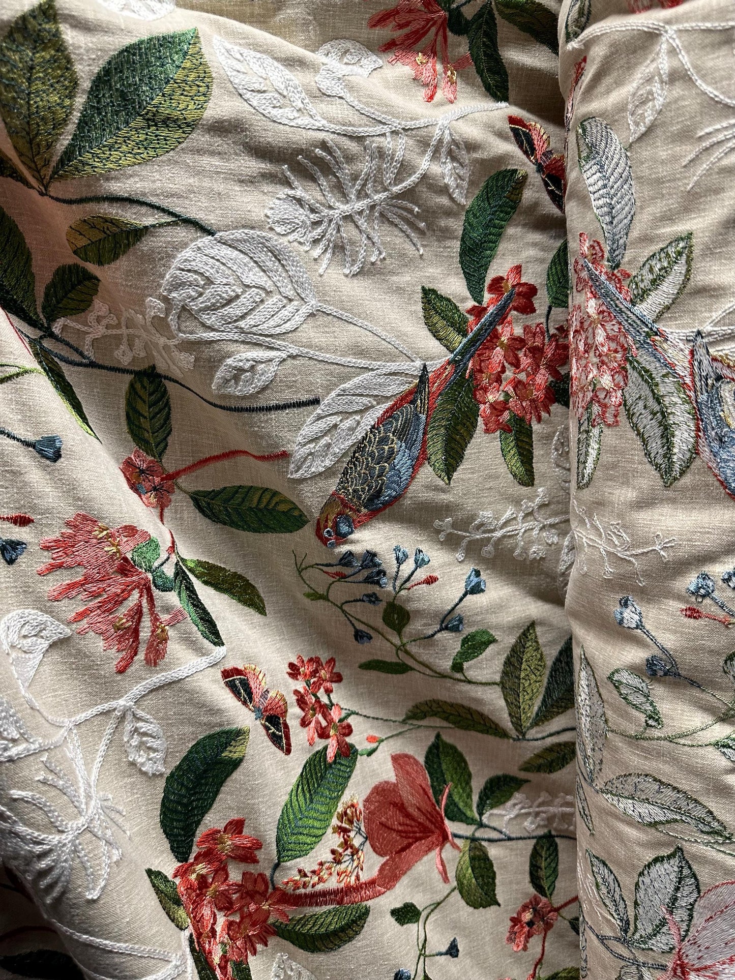 NATURAL MULTICOLOR Tropical Bird Floral Embroidered Upholstery Drapery Fabric (54 in.) Sold By The Yard