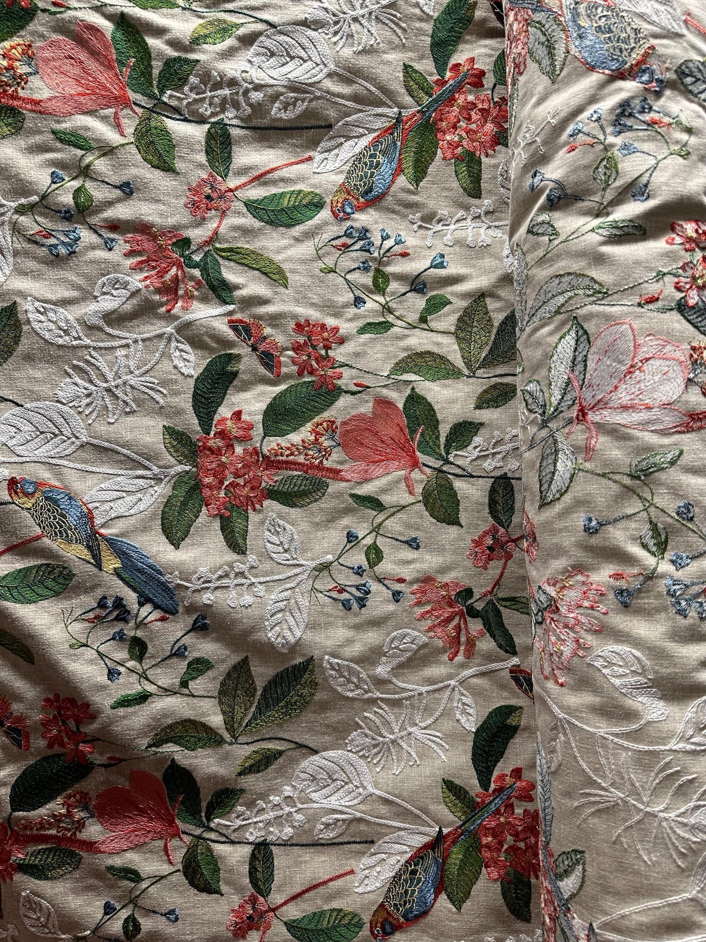 NATURAL MULTICOLOR Tropical Bird Floral Embroidered Upholstery Drapery Fabric (54 in.) Sold By The Yard