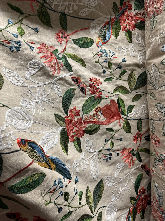 NATURAL MULTICOLOR Tropical Bird Floral Embroidered Upholstery Drapery Fabric (54 in.) Sold By The Yard