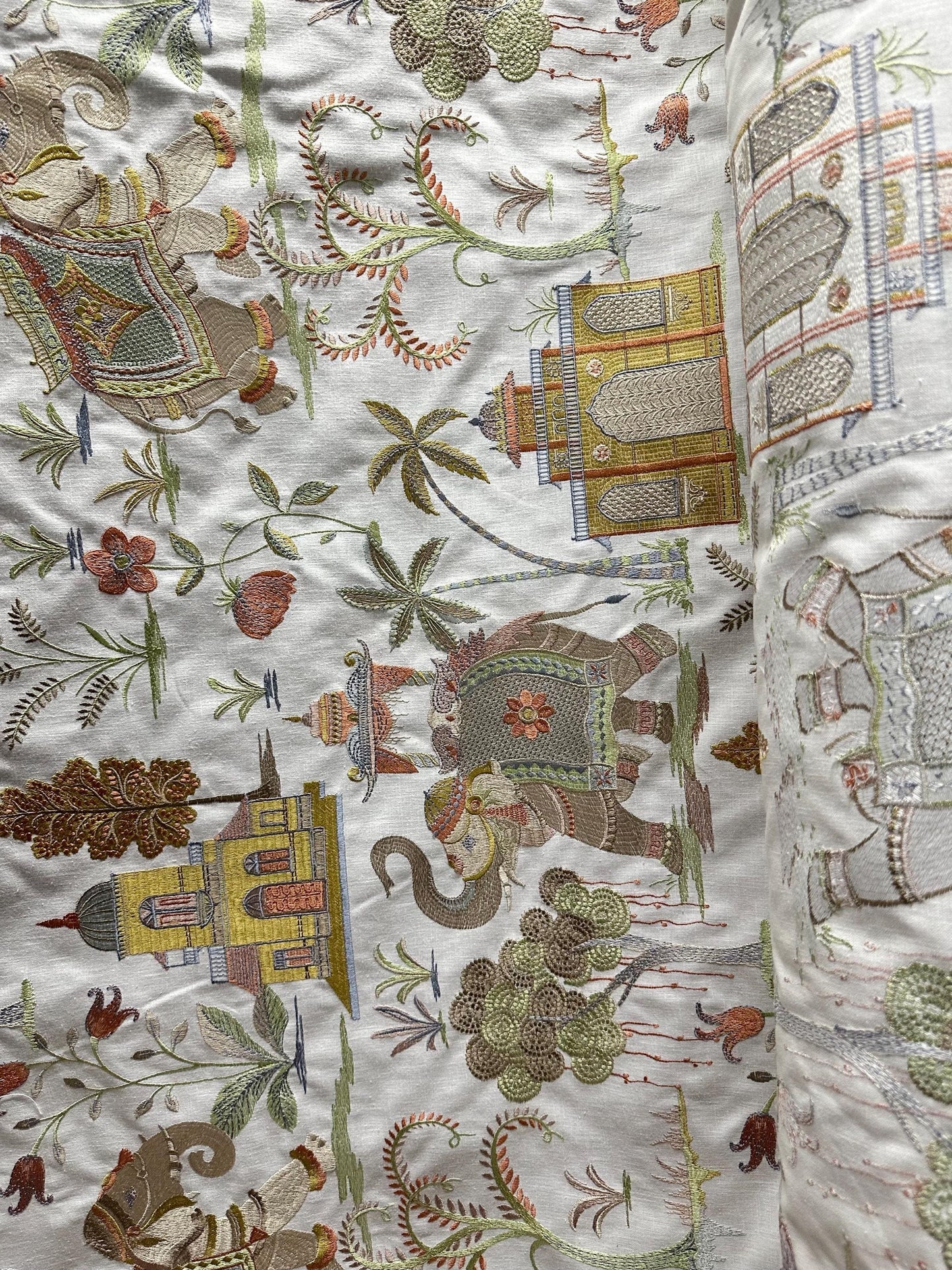 WHITE MULTICOLOR Elephant Tropical Embroidered Drapery Decor Fabric (54 in.) Sold By The Yard