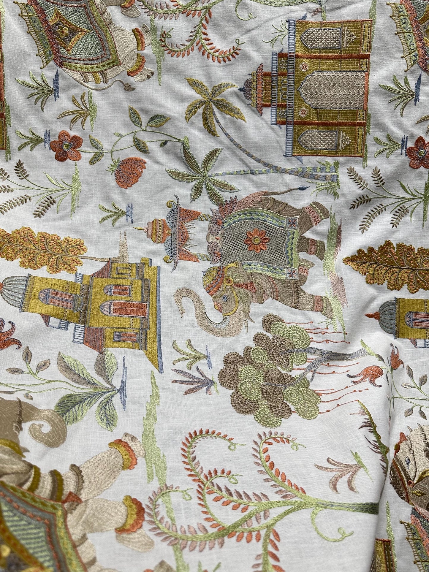 WHITE MULTICOLOR Elephant Tropical Embroidered Drapery Decor Fabric (54 in.) Sold By The Yard