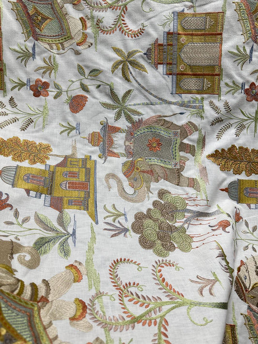 WHITE MULTICOLOR Elephant Tropical Embroidered Drapery Decor Fabric (54 in.) Sold By The Yard