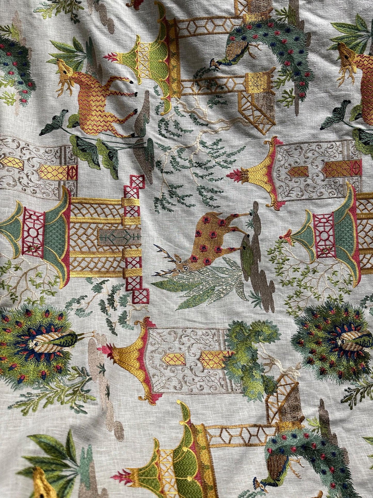 NATURAL MULTICOLOR Deer Peacock Embroidered Upholstery Drapery Fabric (54 in.) Sold By The Yard