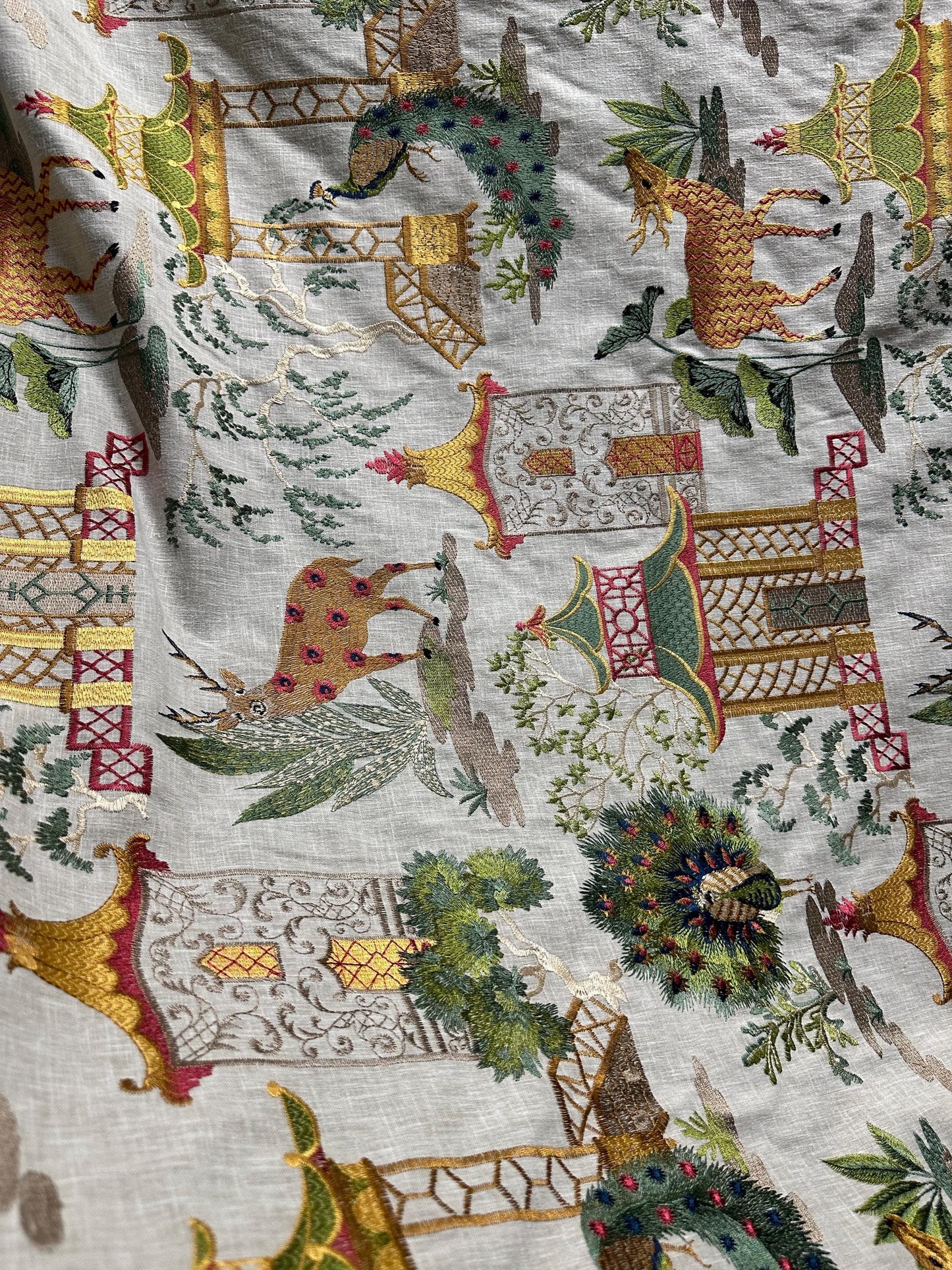 NATURAL MULTICOLOR Deer Peacock Embroidered Upholstery Drapery Fabric (54 in.) Sold By The Yard