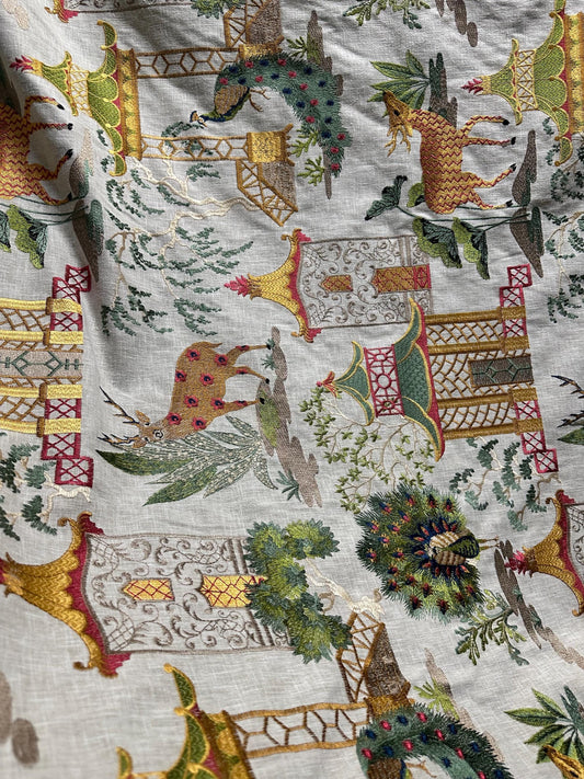 NATURAL MULTICOLOR Deer Peacock Embroidered Upholstery Drapery Fabric (54 in.) Sold By The Yard