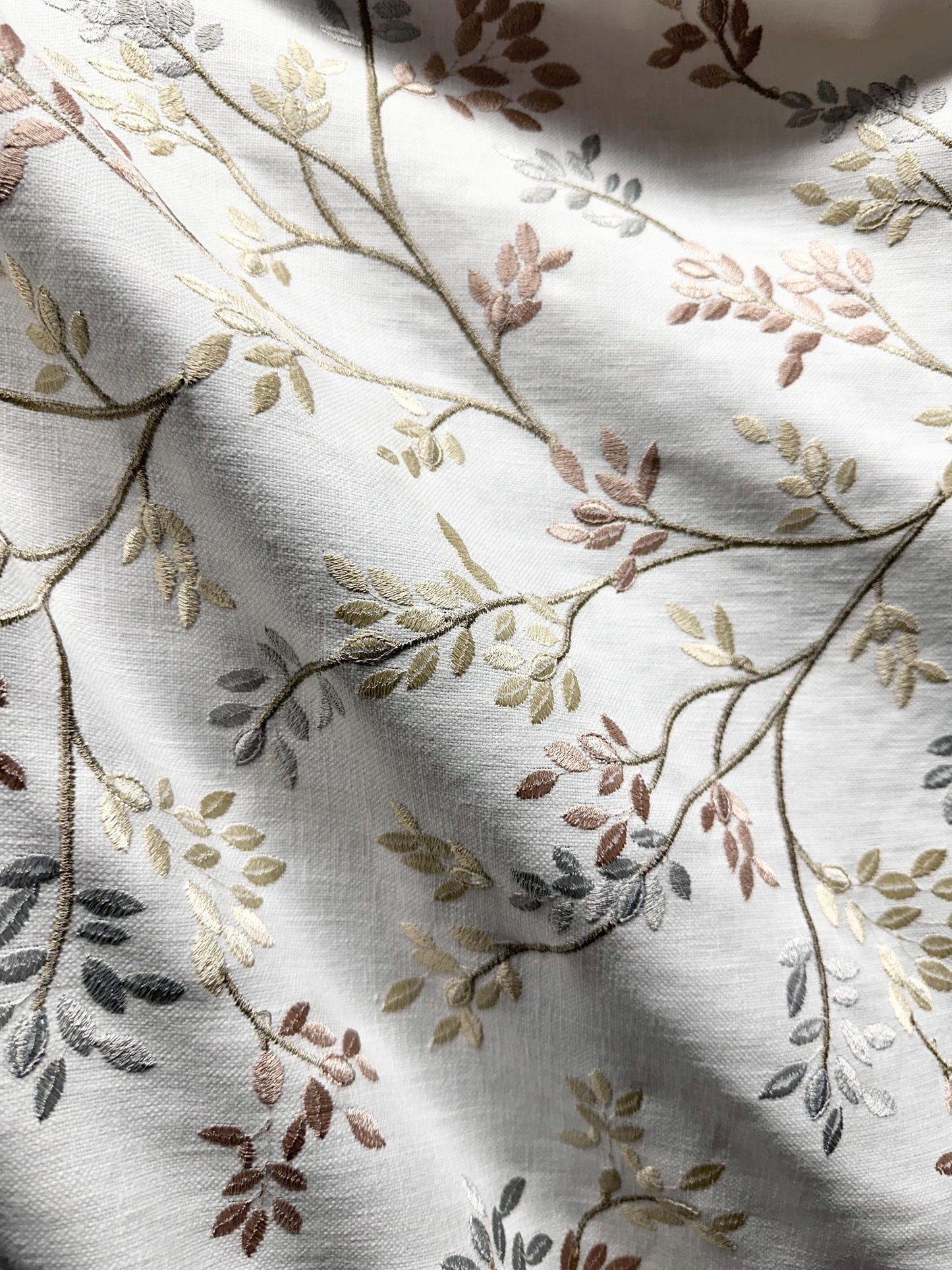 White Beige Blush Gray Leaf Embroidered Upholstery Drapery Fabric (54 in.) Sold By The Yard