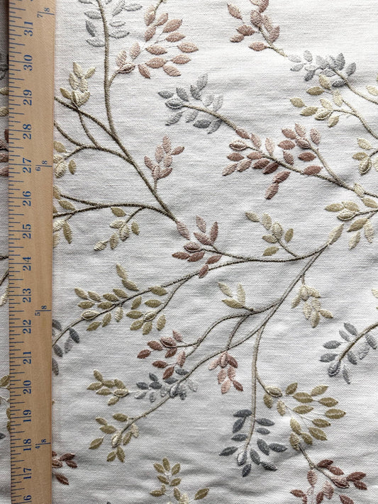 White Beige Blush Gray Leaf Embroidered Upholstery Drapery Fabric (54 in.) Sold By The Yard