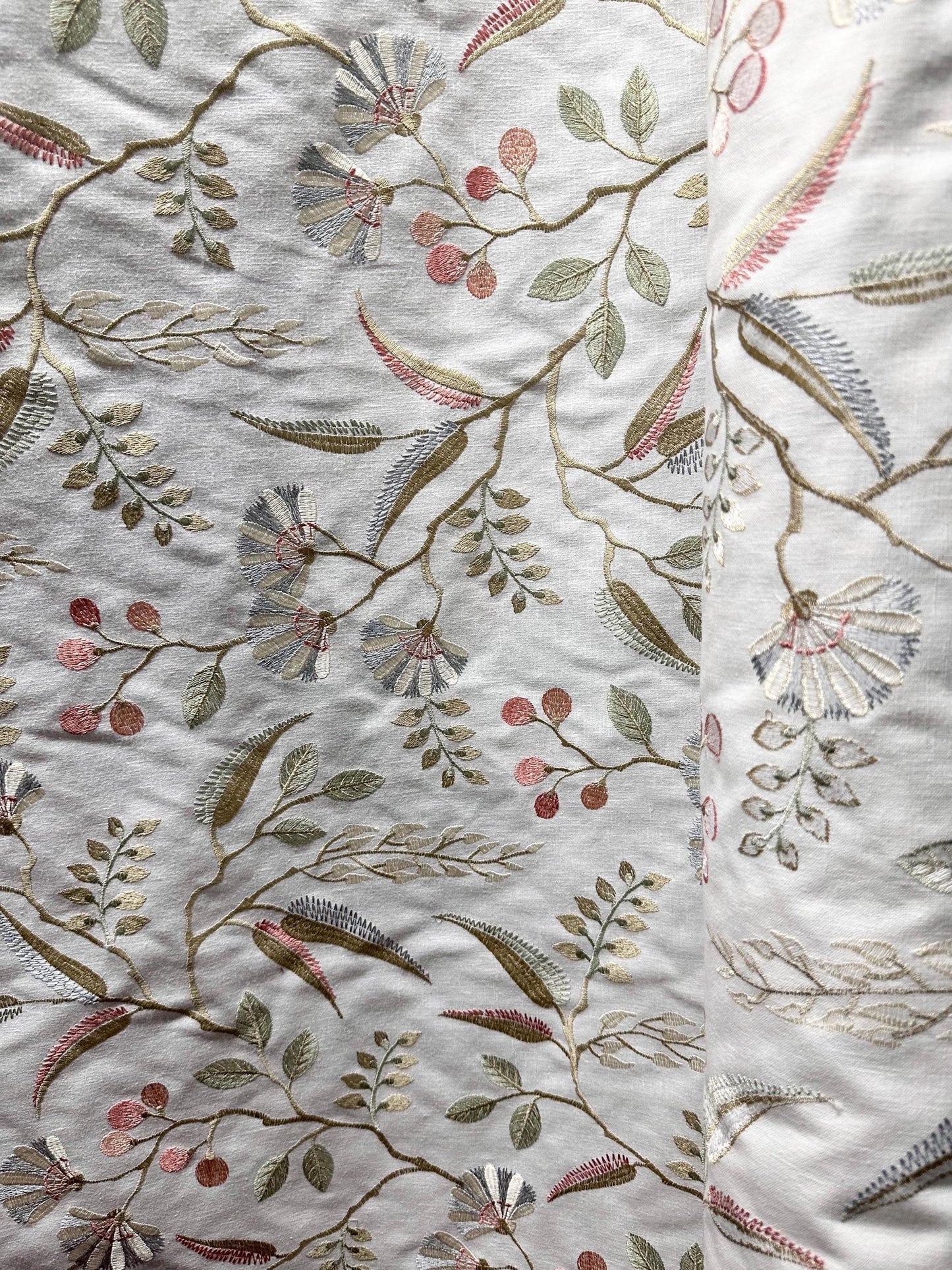 WHITE SAGE BLUSH Floral Leaf Embroidered Upholstery Drapery Fabric (54 in.) Sold By The Yard