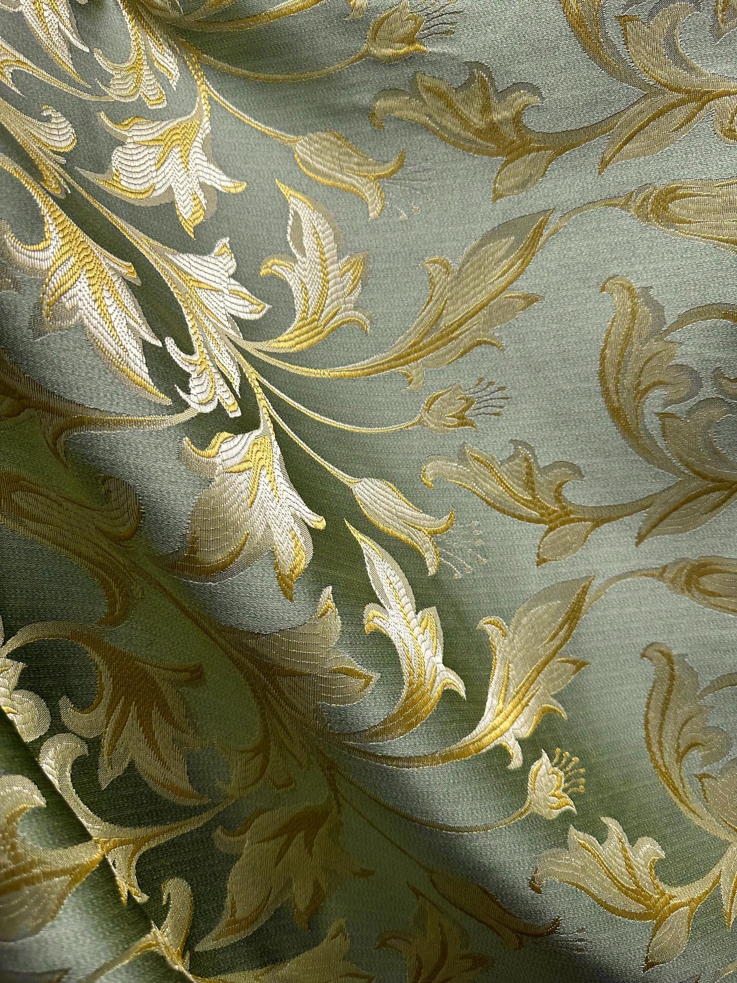 SAGE GREEN GOLD Brocade Flower Floral Upholstery Drapery Fabric (110 in.) Sold By The Yard